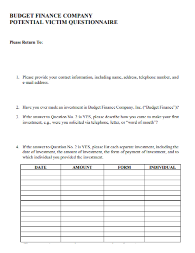 budget finance company victim questionnaire