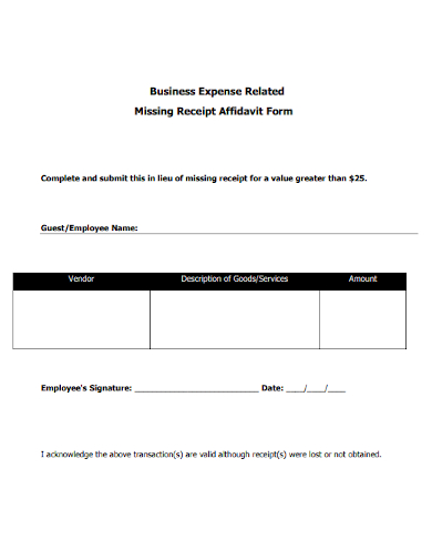business expense missing receipt affidavit form