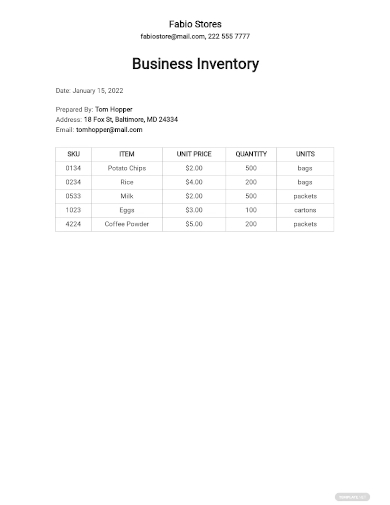 business inventory template