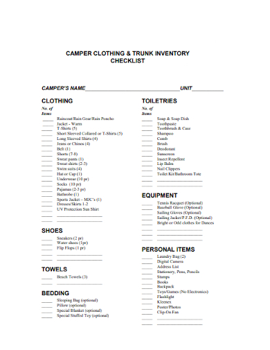 camper clothing trunk inventory checklist