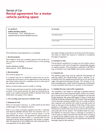 car motor vehicle space rental agreement