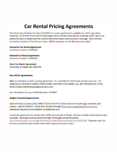 car rental pricing agreement