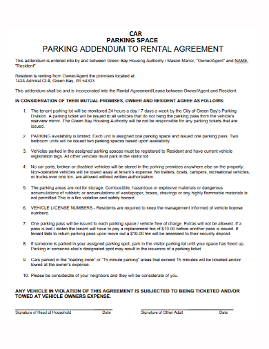 car space addendum to rental agreement