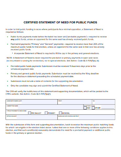 certified statement of need for public funds