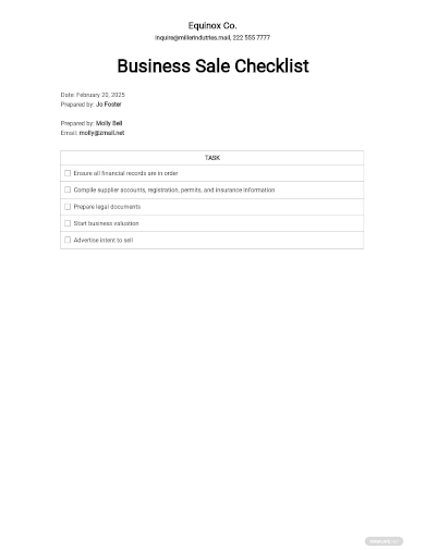 checklist sale of a business template