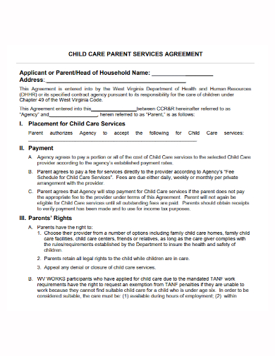 child care parent service agreement