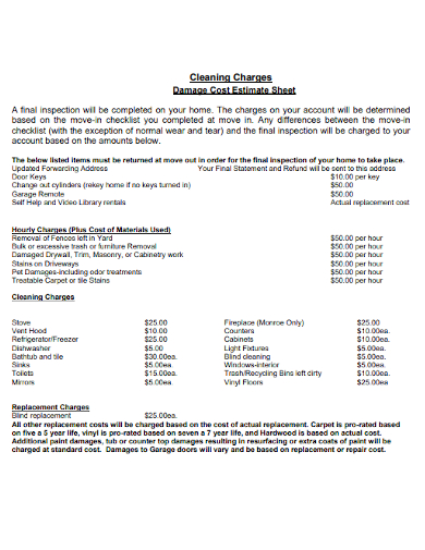 cleaning charges damage cost estimate sheet