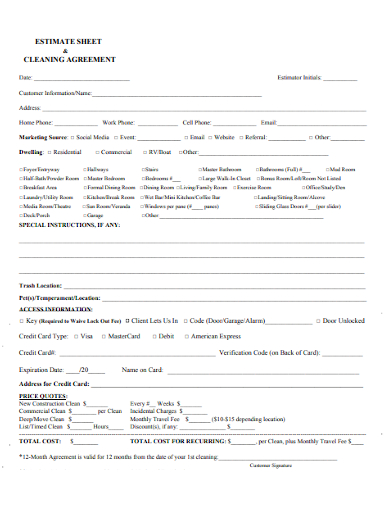 cleaning estimate agreement sheet