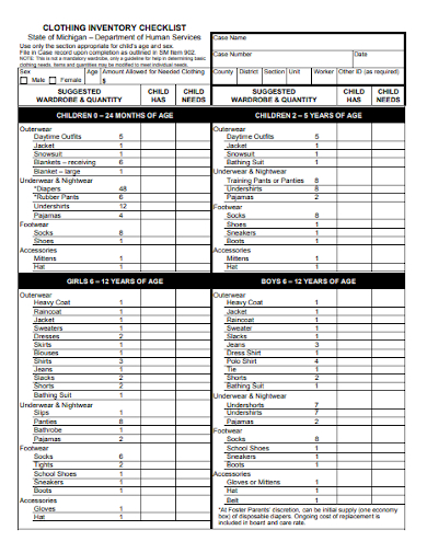 clothing inventory checklist