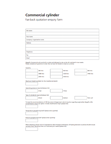 commercial cylinder fax back quotation enquiry form