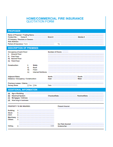 commercial home fire insurance quotation form