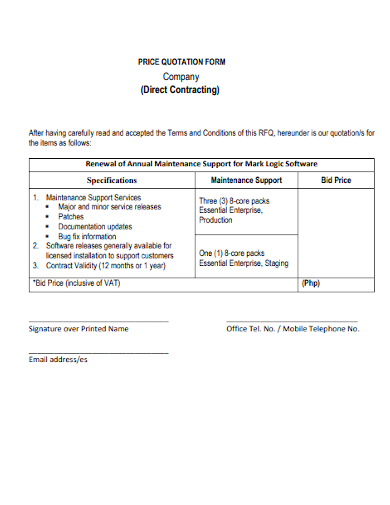 company direct contracting price quotation form