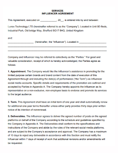 company influencer service agreement