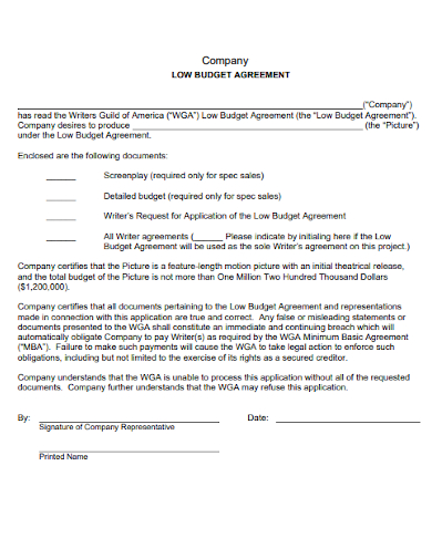 company low budget agreement