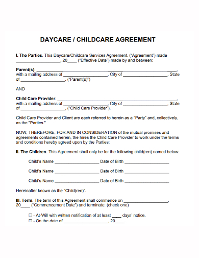 day care child care service agreement