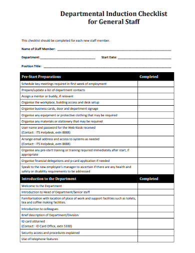 departmental induction checklist for general staff
