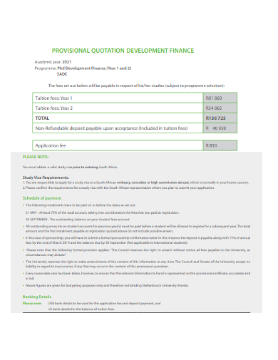 development finance provisional quotation