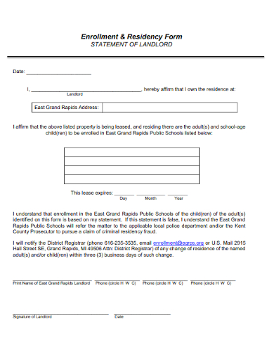 enrollment residency landlord statement form