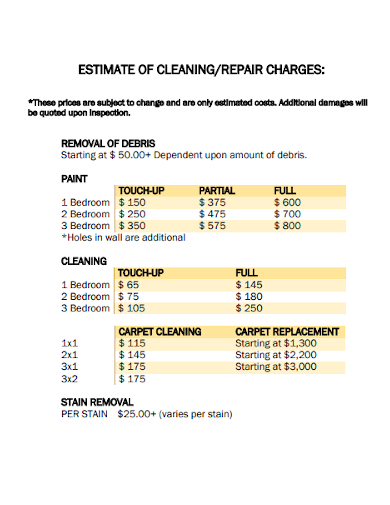 estimate of cleaning repair charges