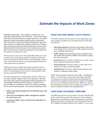 estimate the impacts of work zones