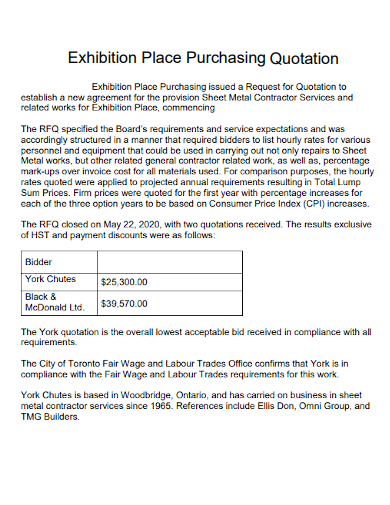 exhibition place purchasing quotation
