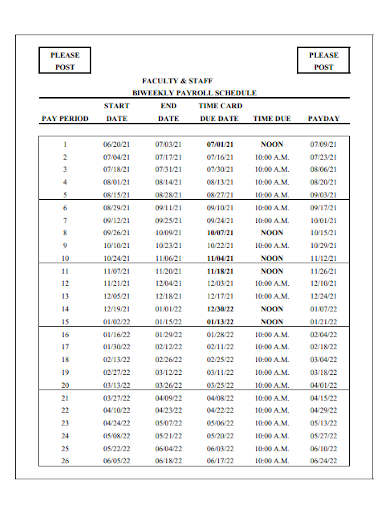 faculty staff biweekly payroll schedule