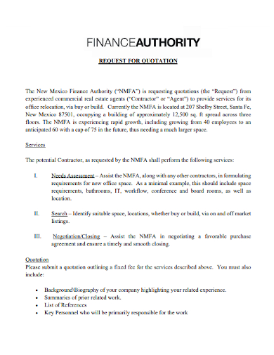 finance authority requesting quotation