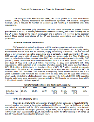 financial performance and financial statement projections