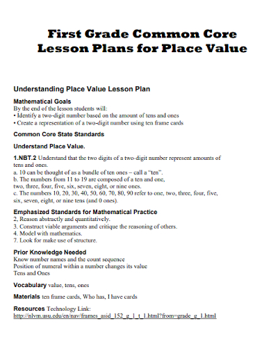 first grade common core lesson plan for place value