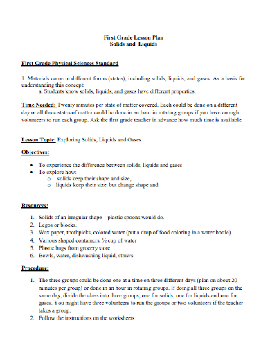 first grade solids and liquids lesson plan