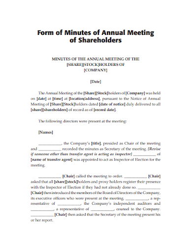 form of minutes of annual meeting of shareholders