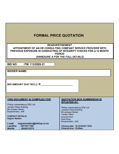 formal price quotation