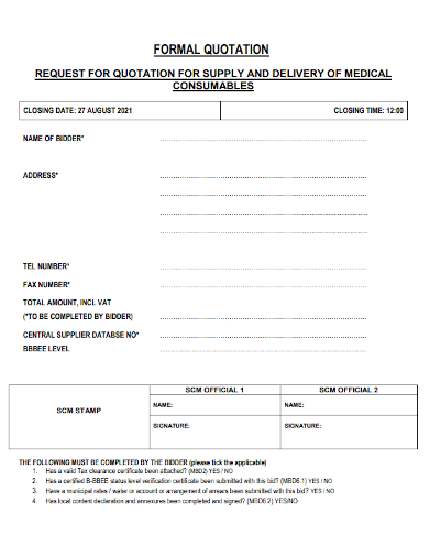 formal supply delivery of medical consumable quotation