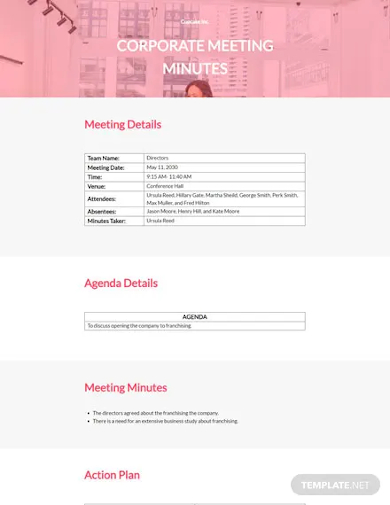 free sample corporate meeting minutes template