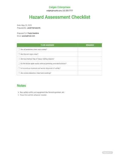 general hazard assessment checklist template