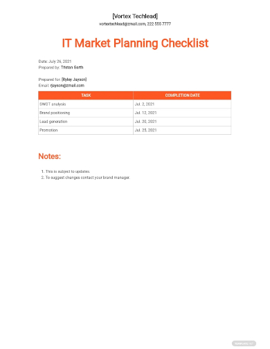 it market planning checklist template