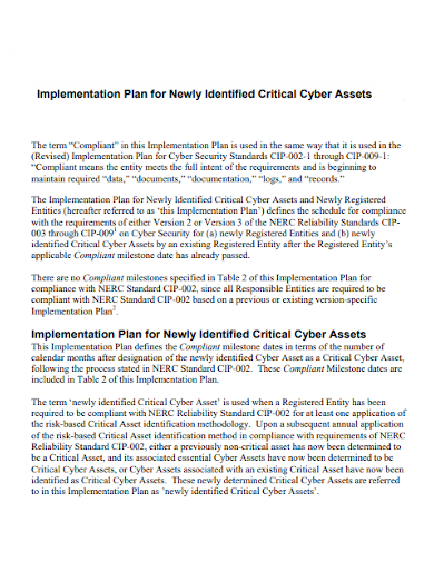 implementation plan identified critical cyber asset
