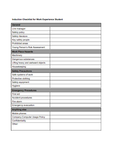 induction checklist for work experience student