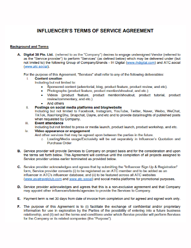 influencer terms of service agreement