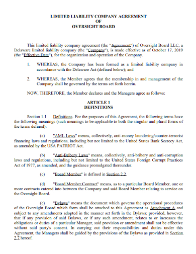 limited liability company agreement oversight board