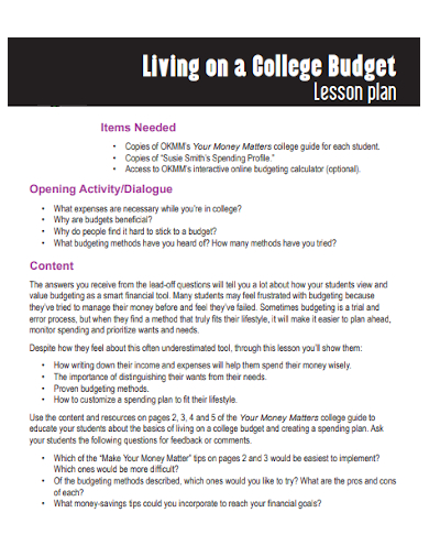 living on a college budget lesson plan