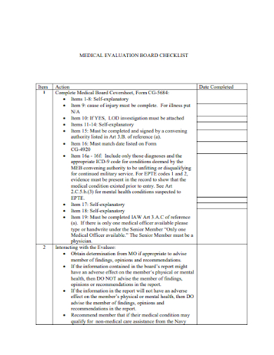 medical evaluation board checklist