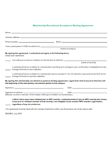 membership recruitment acceptance binding agreement
