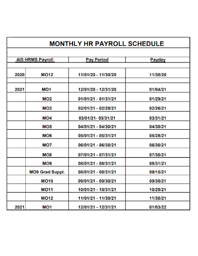 monthly hr payroll schedule