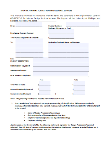 monthly invoice format for professional service