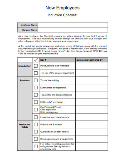 new employees induction checklist