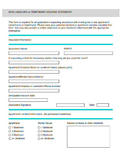 new landlord temporary housing statement form