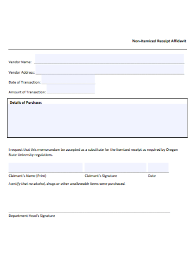 non itemized receipt affidavit