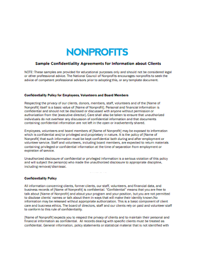 nonprofit sample confidentiality agreement