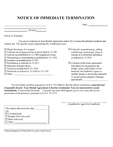 notice of immediate termination of lease agreement